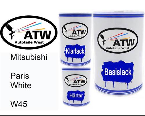 Mitsubishi, Paris White, W45: 500ml Lackdose + 500ml Klarlack + 250ml Härter - Set, von ATW Autoteile West.